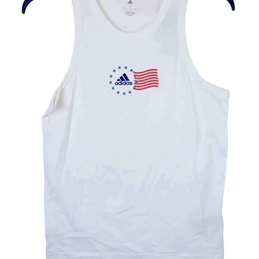 Adidas Men Sleeveless Tank Top Shirt American Flag Graphic White